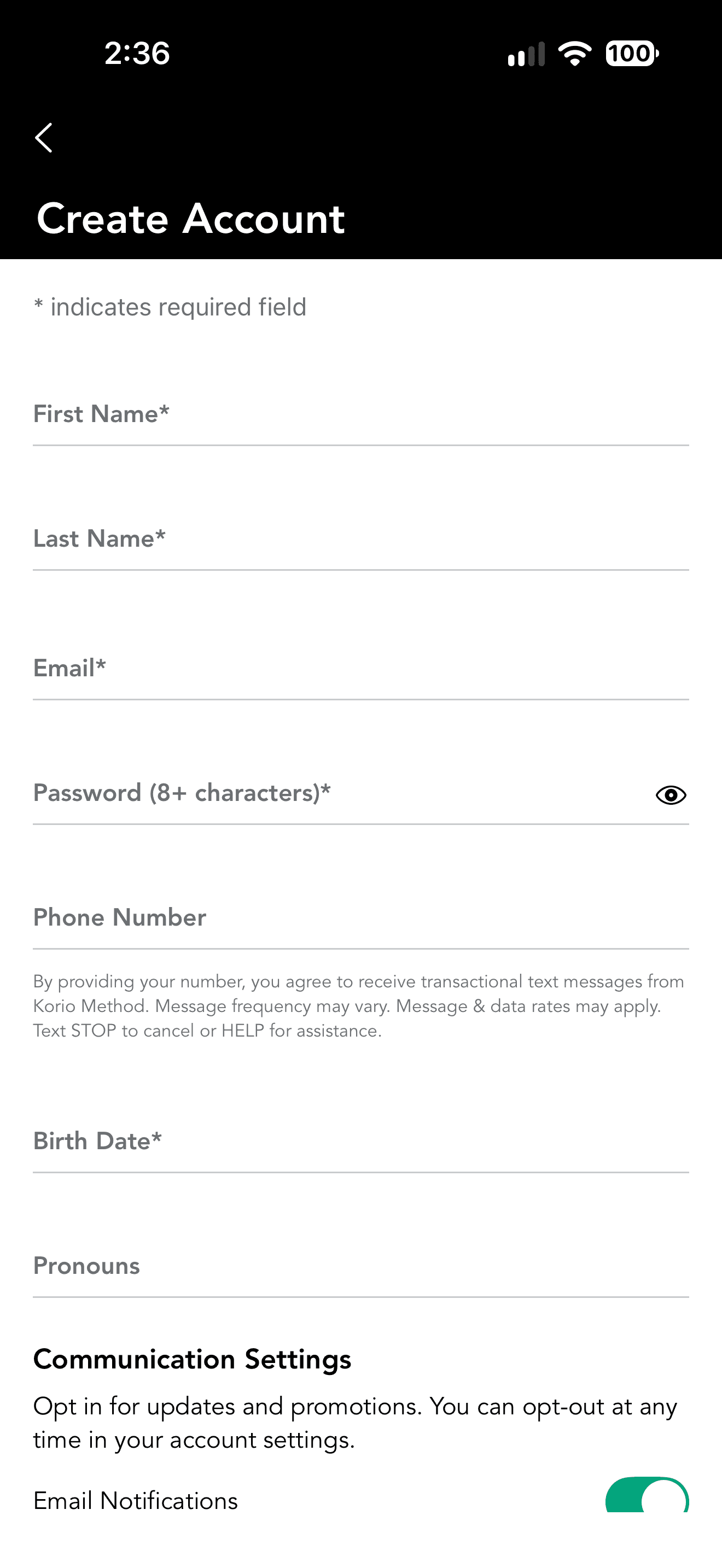 Live Korio Method iOS Create Account form showing the account fields