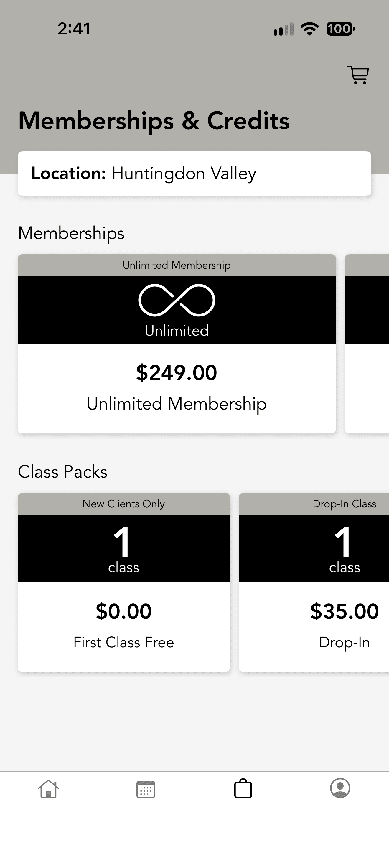 Live Korio Method iOS Memberships and Credits screen showing First Class Free under Class Packs