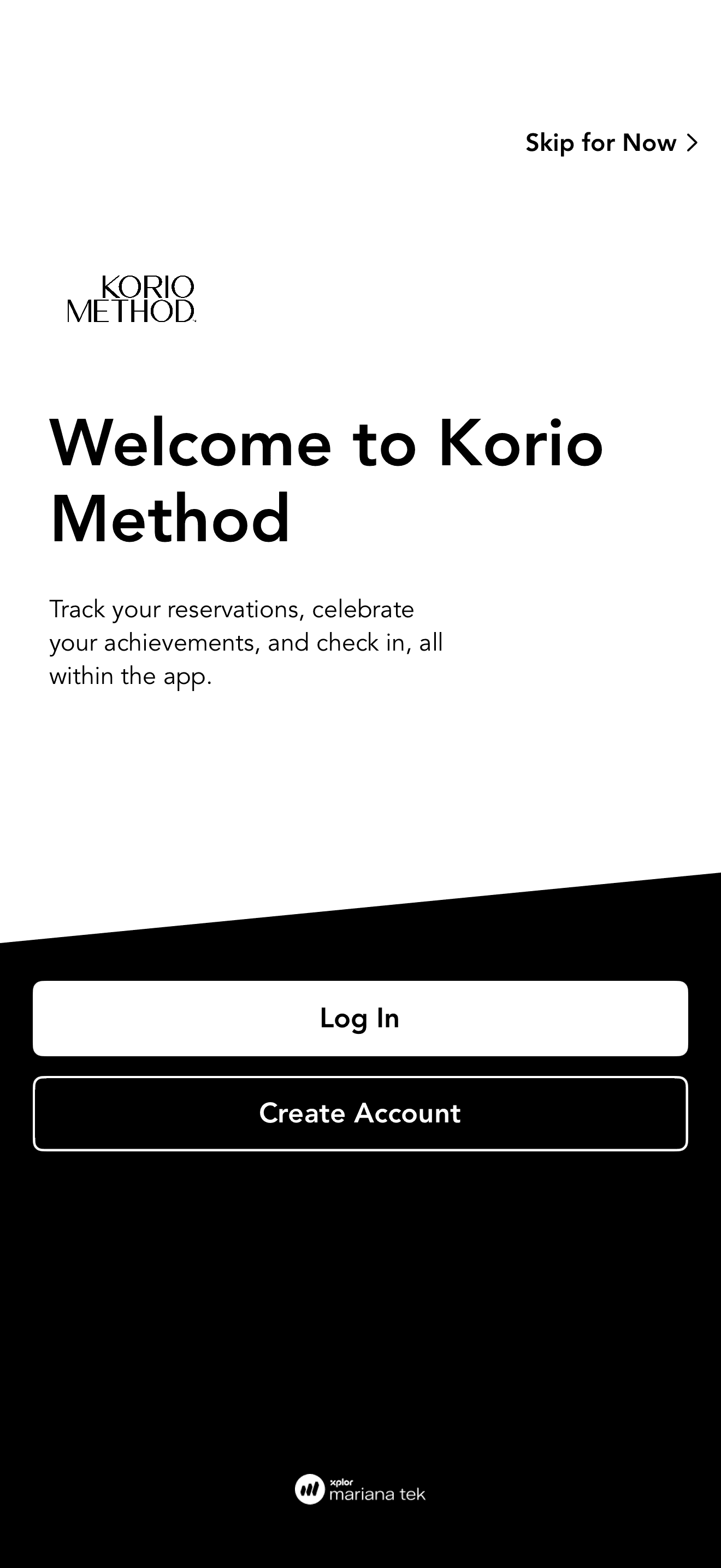 Live Korio Method iOS welcome screen with Log In and Create Account buttons