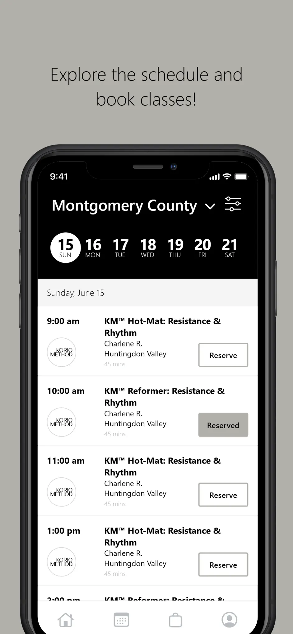 Korio Method app screen showing the dated class schedule and Reserve buttons
